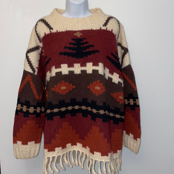 Sarah Windsor vintage handmade tribal Aztec fringe wool sweater Made in England - Picture 1 of 7